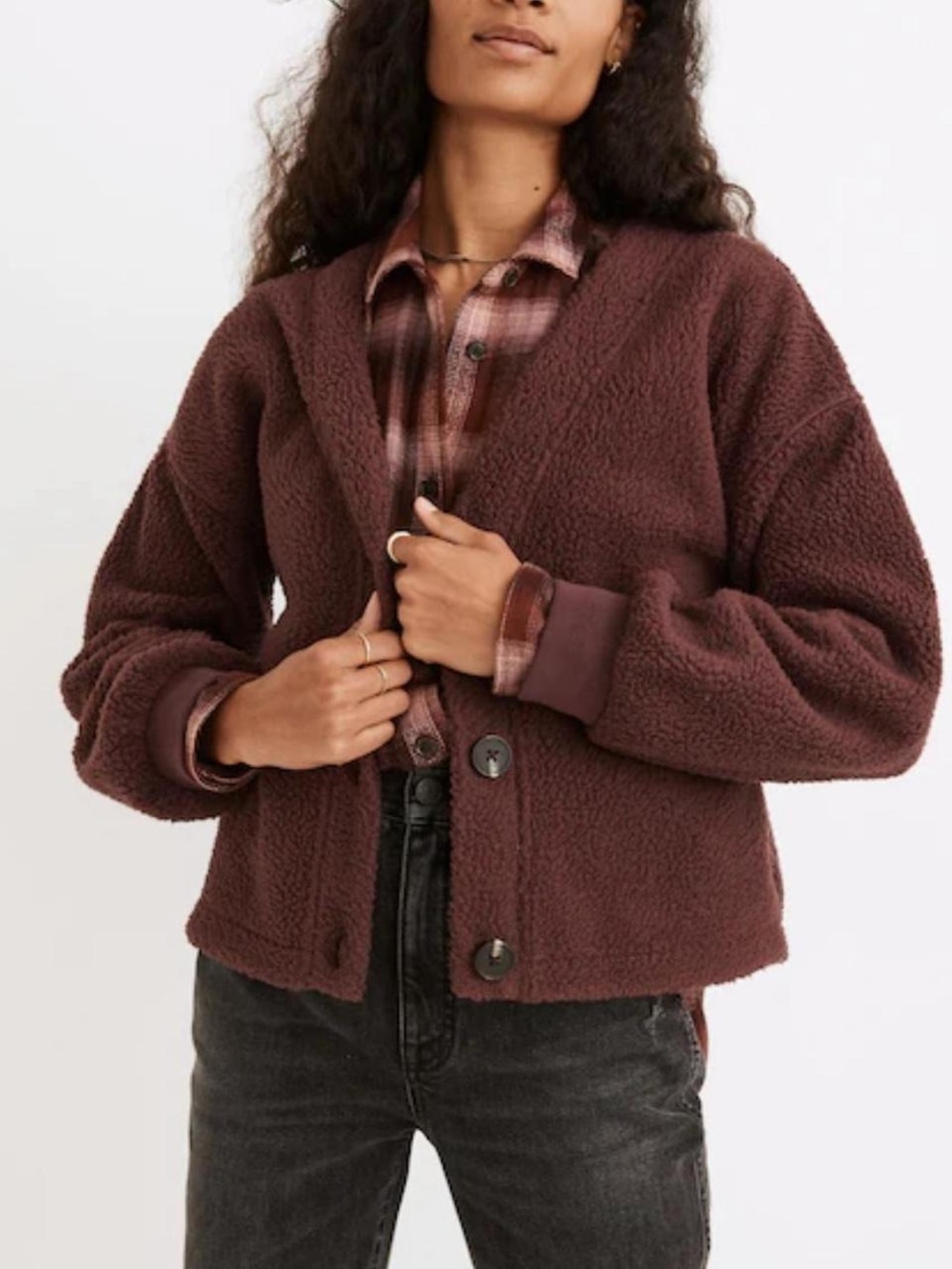 Madewell Purple Wine Button-Front Sherpa Teddy Cardigan Sweater, Size XXS
